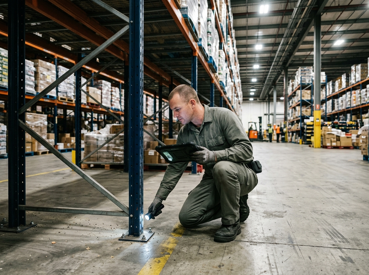 Technicien en dératisation posant un poste d'appâtage sécurisé dans un entrepôt de la zone industrielle de Corbas